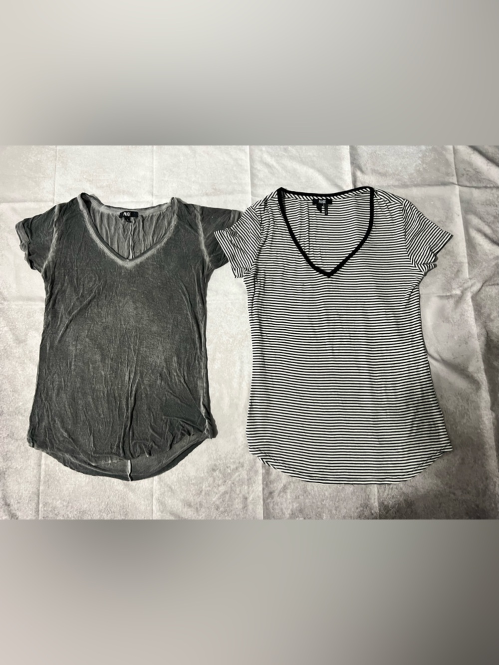 PAIGE Women's Ribbed Black V-Neck & Black-White Striped V-Neck and grey tee